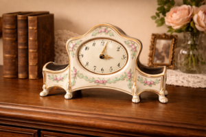 Porcelánové stolní hodiny s květinovým dekorem